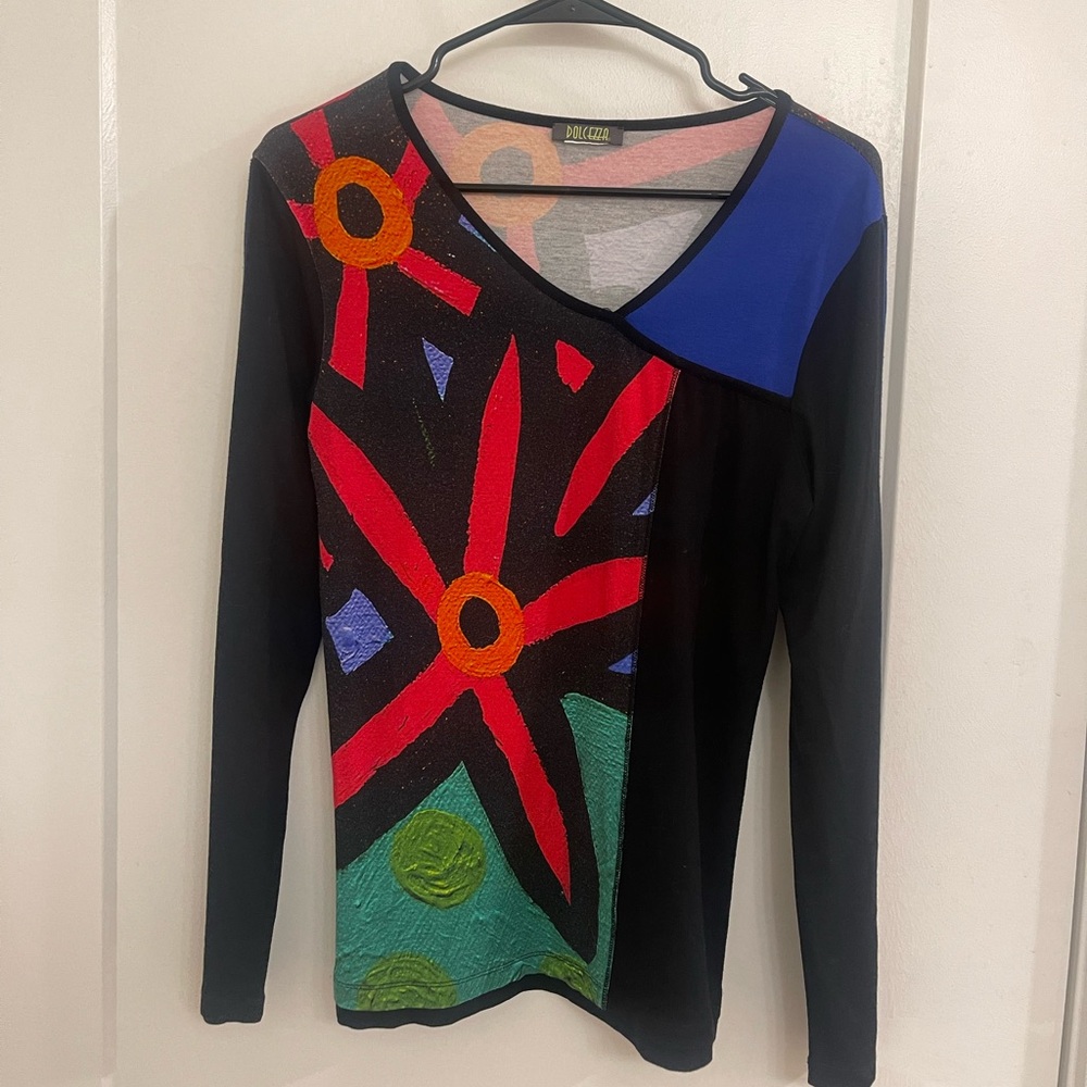 Vintage Y2K Dolcezza Artsy Black Floral Graphic Long Sleeve V-Neck Top